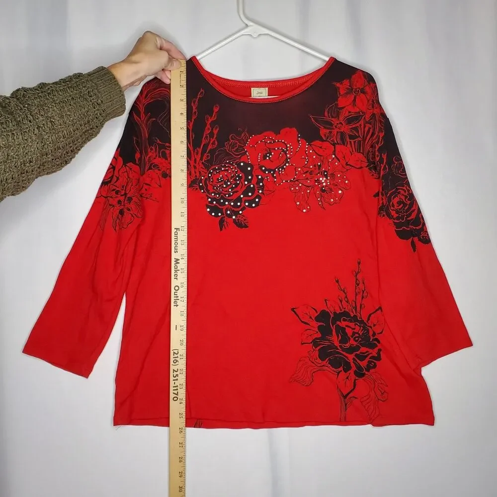 Jess & Jane T-Shirt Womens 1X Red Black Roses Cotton Sequin Y2K Witchy Goth‎